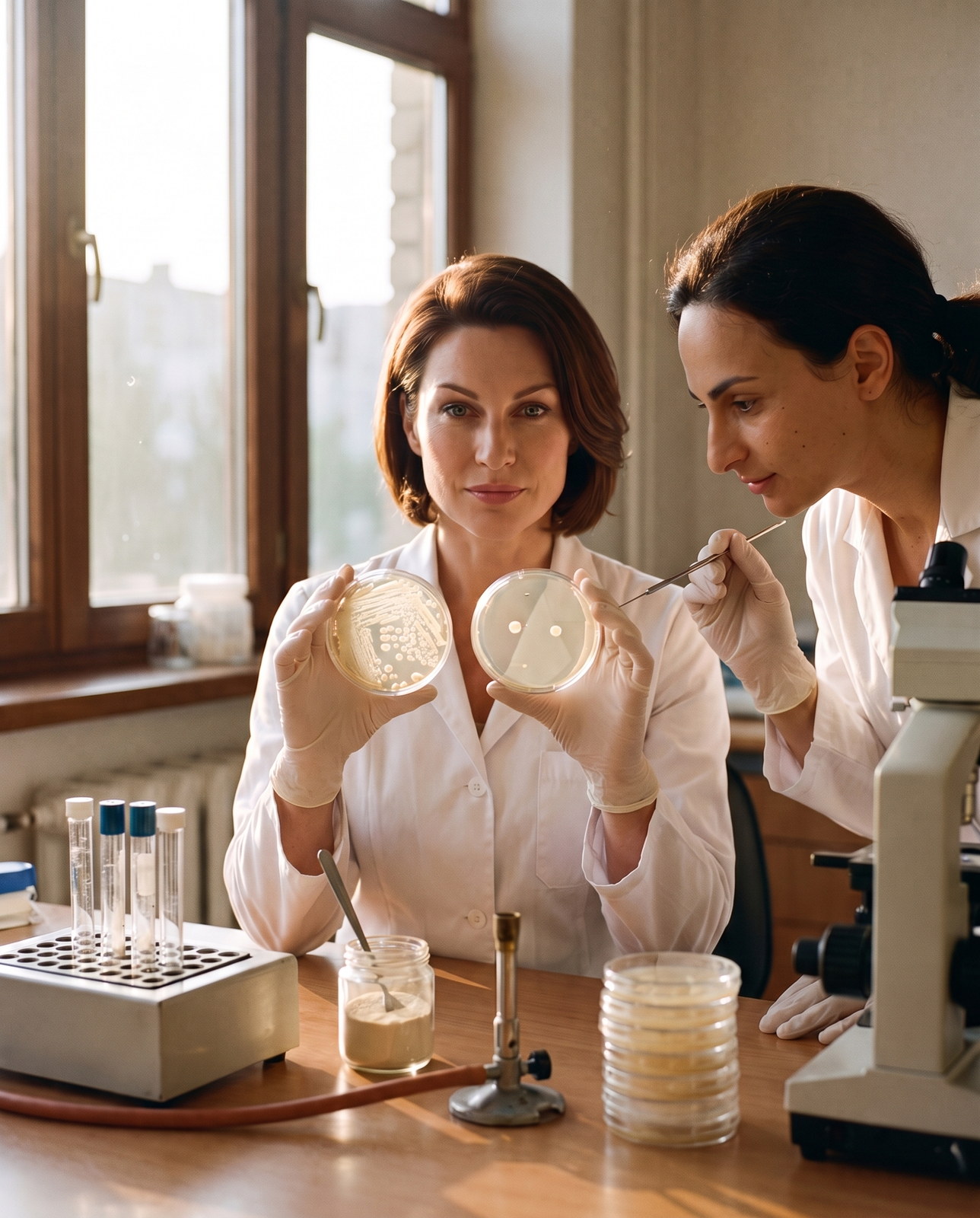 Bacillus coagulans probiotic — a microbiologist holds up two petri dishes, one crowded with colonies and one almost bare, while a technician leans in with a loop