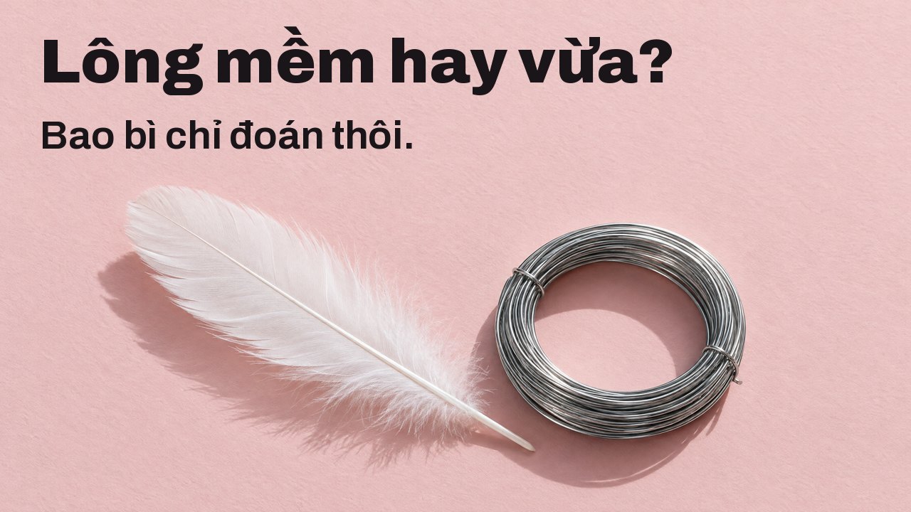 Lông mềm hay vừa? Bao bì chỉ đoán thôi. Nhìn từ trên: chiếc lông vũ trắng mềm bên cuộn dây thép cứng quấn chặt trên giấy hồng nhạt.