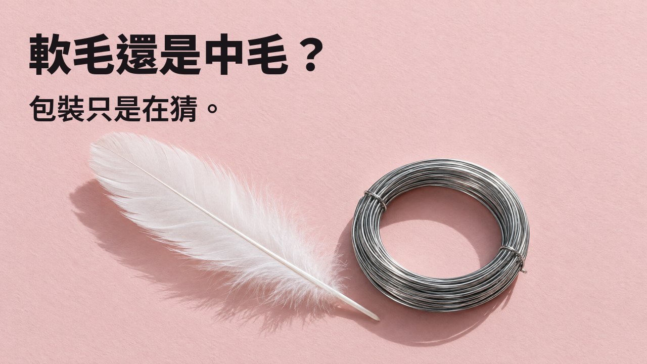 軟毛還是中毛? 包裝只是在猜。 俯視:淡粉色紙上,一根柔軟的白羽毛旁是一捆繞緊的硬鋼絲。