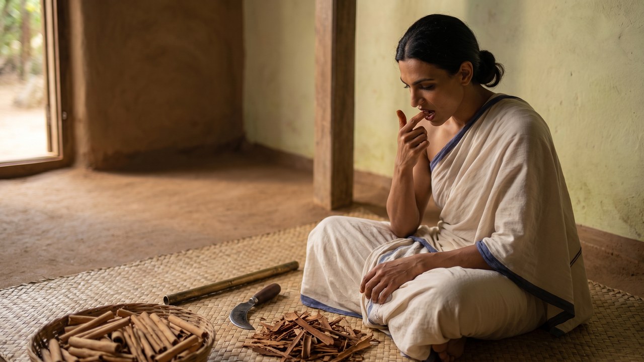 Cinnamon for teeth — at first daylight in a Ceylon village house a woman sits on a woven mat and presses a pinch of ground cinnamon bark along her own gum with a fingertip, a basket of freshly rolled cinnamon quills, the curved peeling knife and the brass rod on the mat beside her