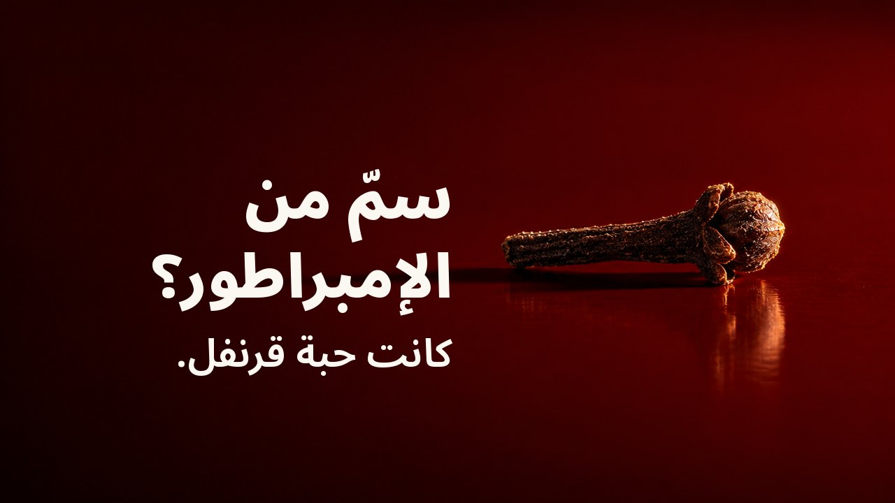 سمّ من الإمبراطور؟ كانت حبة قرنفل. برعم قرنفل داكن واحد على صينية مطلية بالورنيش القرمزي اللامع كأنه مسمار حديدي صغير، يضيئه ضوء قوي من جانب واحد فيمتد ظله الطويل على سطح الورنيش.