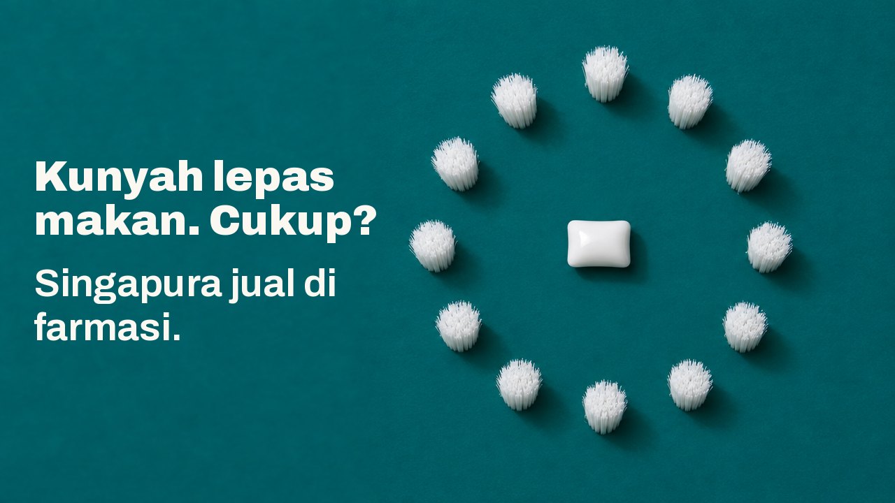 Kunyah lepas makan. Cukup? Singapura jual di farmasi. Dilihat terus dari atas pada latar hijau teal yang pekat: sebiji gula gula getah putih terletak di tengah gelang sempurna jambak bulu berus putih, seperti muka jam tanpa jarum.