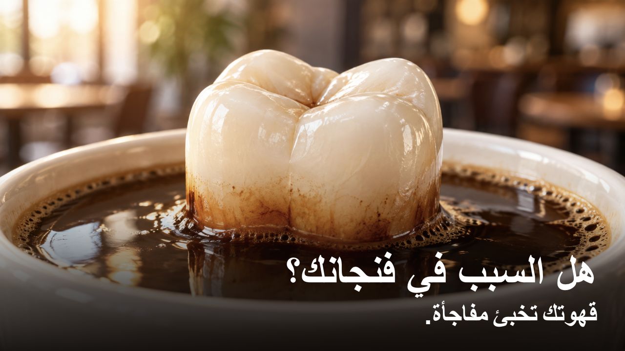هل السبب في فنجانك؟ قهوتك تخبئ مفاجأة. رسم توضيحي تصوّري لتاج سن داخل فنجان قهوة، مع تصبّغ بني حيث تلامس القهوة مينا السن.