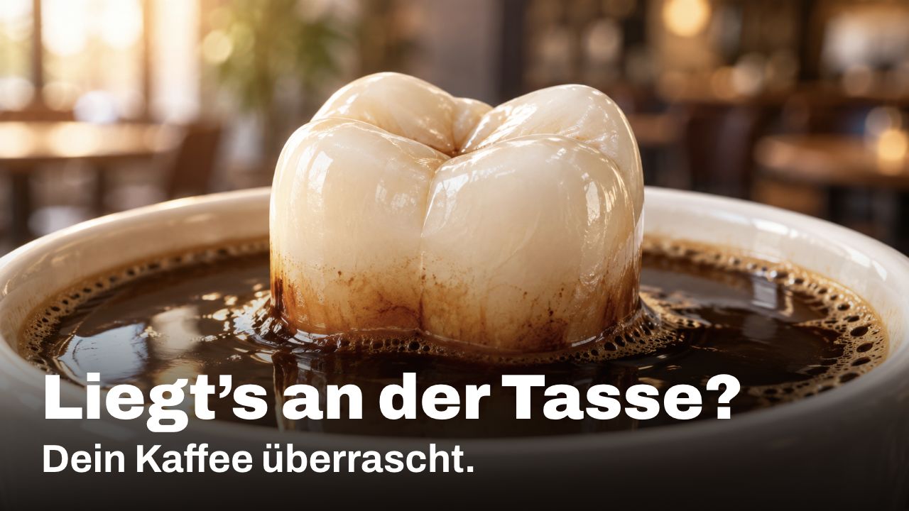 Liegt’s an der Tasse? Dein Kaffee überrascht. Symbolische Darstellung einer Zahnkrone im Kaffee mit braunen Verfärbungen an der Kontaktstelle zum Zahnschmelz.