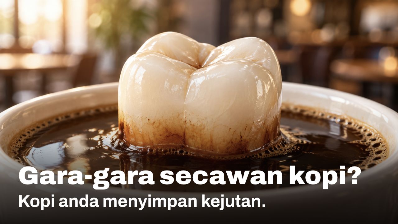Gara gara secawan kopi? Kopi anda menyimpan kejutan. Ilustrasi konsep mahkota gigi di dalam secawan kopi, dengan kesan perang pada bahagian enamel yang bersentuhan dengan kopi.