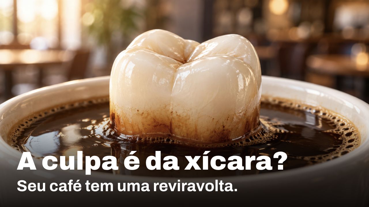 A culpa é da xícara? Seu café tem uma reviravolta. Ilustração conceitual da coroa de um dente em uma xícara de café, com manchas marrons onde o café toca o esmalte.