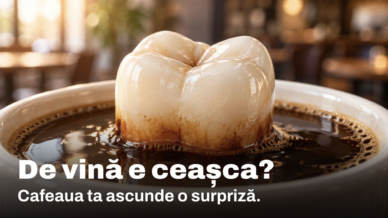 De vină e ceașca? Cafeaua ta ascunde o surpriză. Ilustrație conceptuală a coroanei unui dinte în ceașca de cafea, cu pete maronii acolo unde cafeaua atinge smalțul.