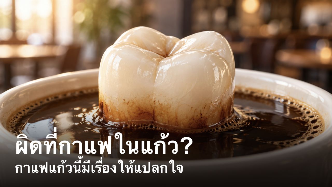 ผิดที่กาแฟในแก้ว? กาแฟแก้วนี้มีเรื่องให้แปลกใจ ภาพประกอบเชิงแนวคิดของส่วนตัวฟันในถ้วยกาแฟ มีคราบสีน้ำตาลบริเวณที่กาแฟสัมผัสเคลือบฟัน