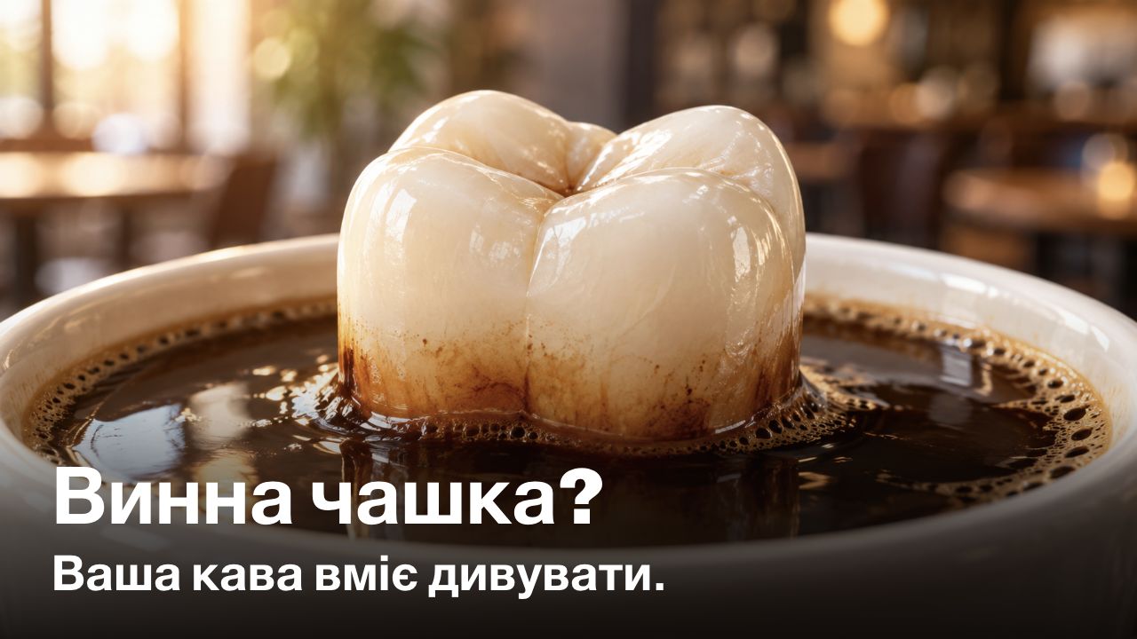Винна чашка? Ваша кава вміє дивувати. Концептуальна ілюстрація: коронка зуба в чашці кави з коричневою плямою на межі контакту з емаллю.
