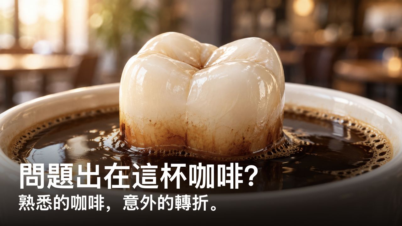 問題出在這杯咖啡? 熟悉的咖啡,意外的轉折。 概念插圖:牙冠浸在一杯咖啡中,咖啡與琺瑯質接觸的邊緣出現棕色染色。