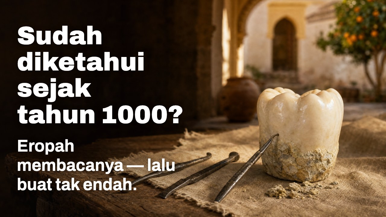 Sudah diketahui sejak tahun 1000? Eropah membacanya: lalu buat tak endah. Imej konsep: arca gigi berkarang di sebelah pengikis tempaan tangan di halaman Córdoba.