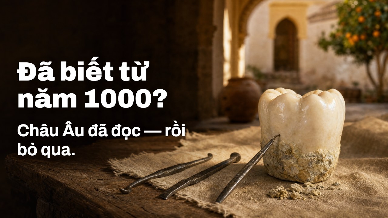 Đã biết từ năm 1000? Châu Âu đã đọc: rồi bỏ qua. Hình minh họa ý tưởng: mô hình răng bám cao răng bên cạnh dụng cụ cạo rèn tay trong sân ở Córdoba.