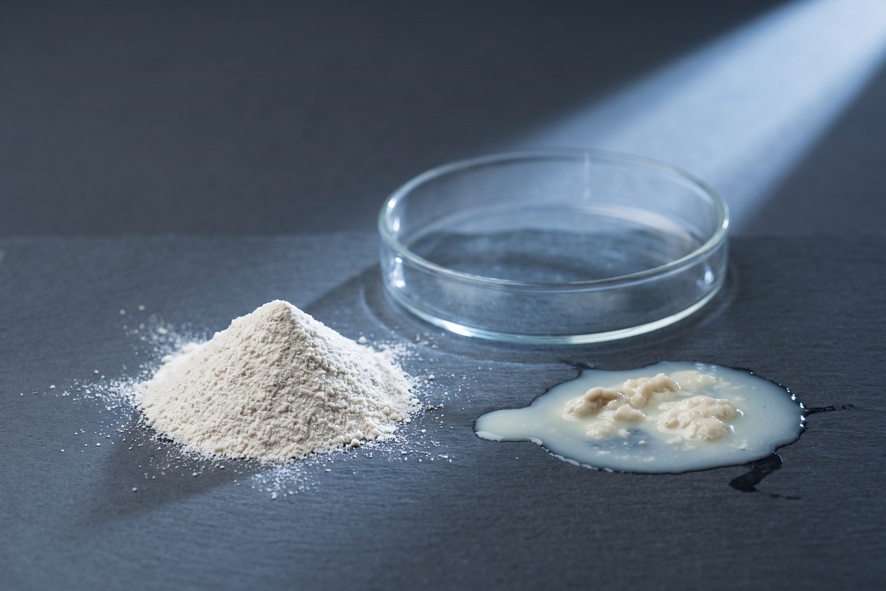 Bacillus coagulans probiotic — dry spore powder intact beside a collapsed fermented culture