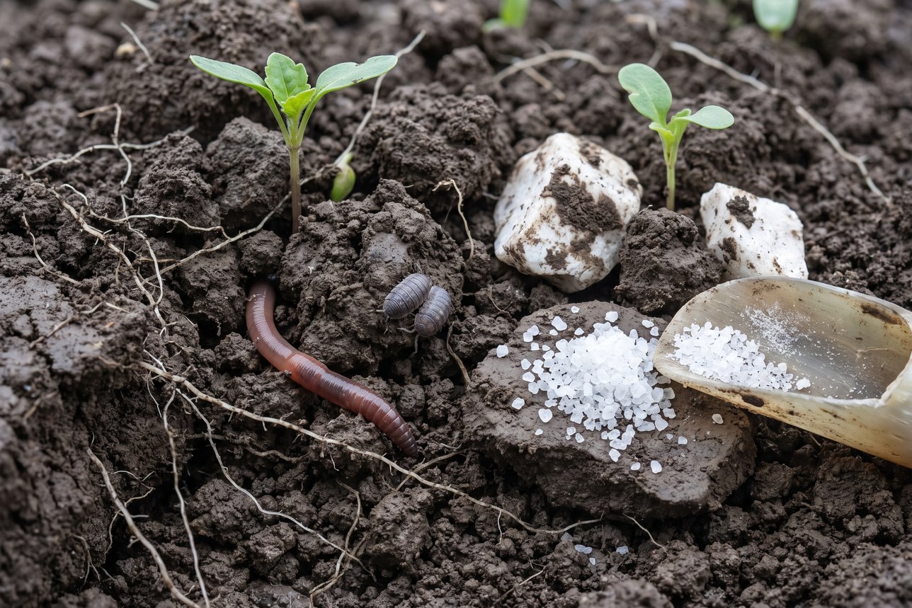 Fluoride-free toothpaste minerals — living garden soil with seedlings, roots and chalk-white minerals