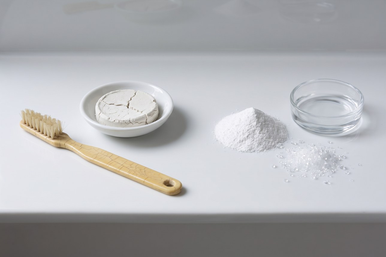 The future of oral health — a 1920s bristle toothbrush and cracked tooth powder beside modern powders