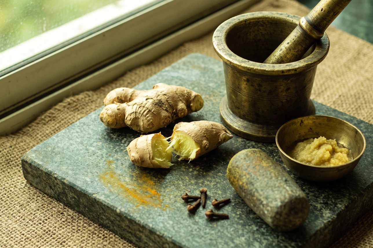Ginger for teeth and gums — fresh ginger root snapped open beside a worn brass mortar and pestle