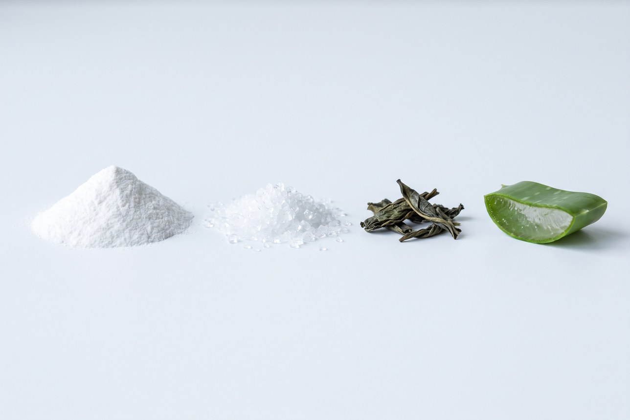 Premium oral care ingredients — hydroxyapatite, xylitol crystals, green tea leaf and cut aloe