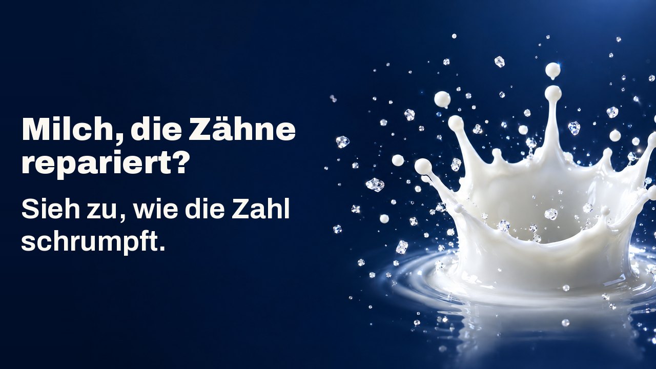 Milch, die Zähne repariert? Sieh zu, wie die Zahl schrumpft. Eine Milchtropfen Krone, in der Luft erstarrt, mit winzigen funkelnden Kristallen, vor tiefem Marineblau.