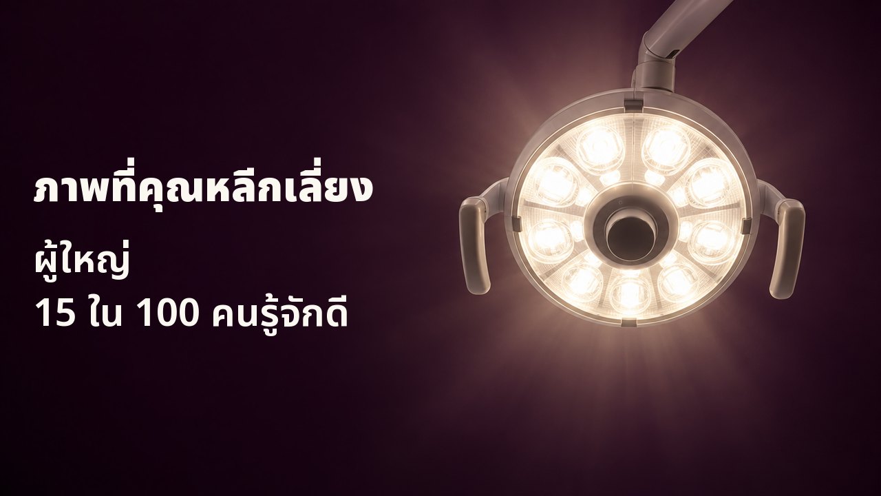 ภาพที่คุณหลีกเลี่ยง ผู้ใหญ่ 15 ใน 100 คนรู้จักดี ภาพมองจากเก้าอี้ทำฟันขึ้นไปตรง ๆ: โคมไฟทันตกรรมทรงกลมเปล่งแสงขาวอบอุ่นตัดกับเพดานสีม่วงมะเขือเข้ม