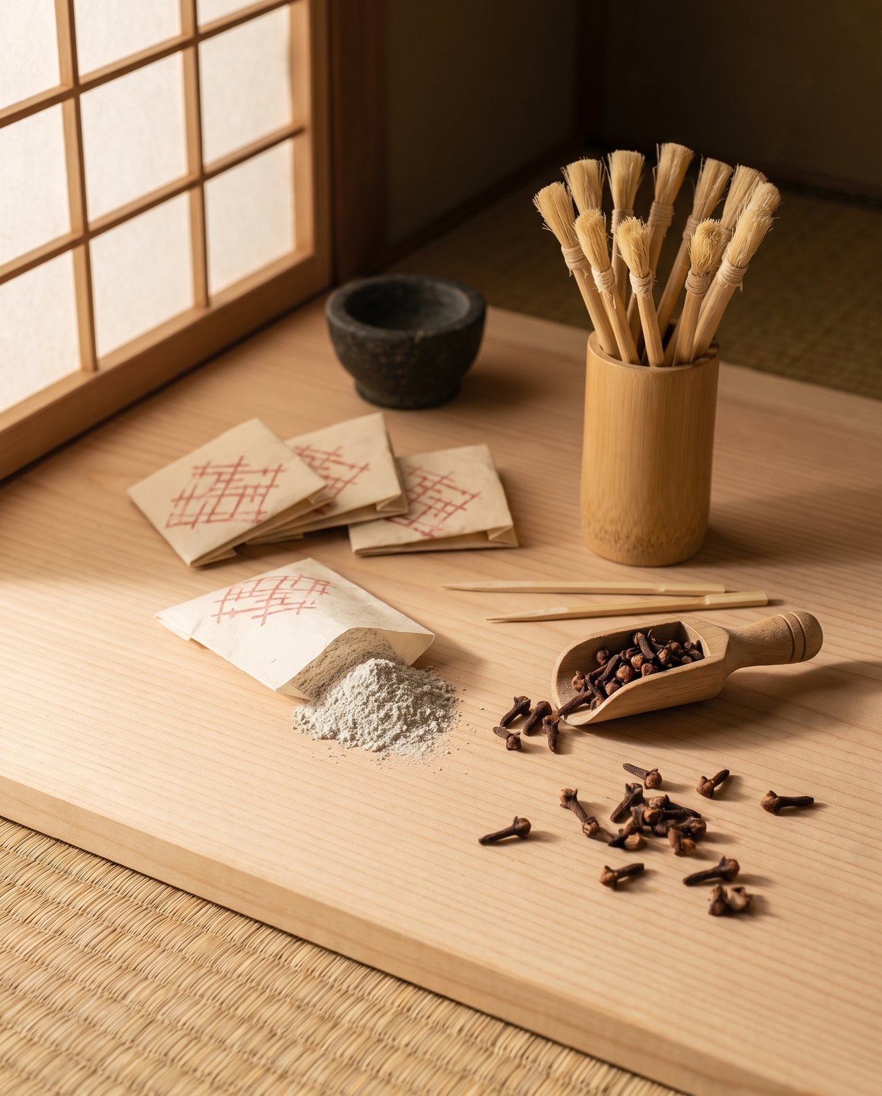 Clove oil for teeth — folded washi paper packets of grey Edo tooth powder, dried clove buds in a wooden scoop and a bundle of frayed willow fusayoji brushes on a cedar shop counter