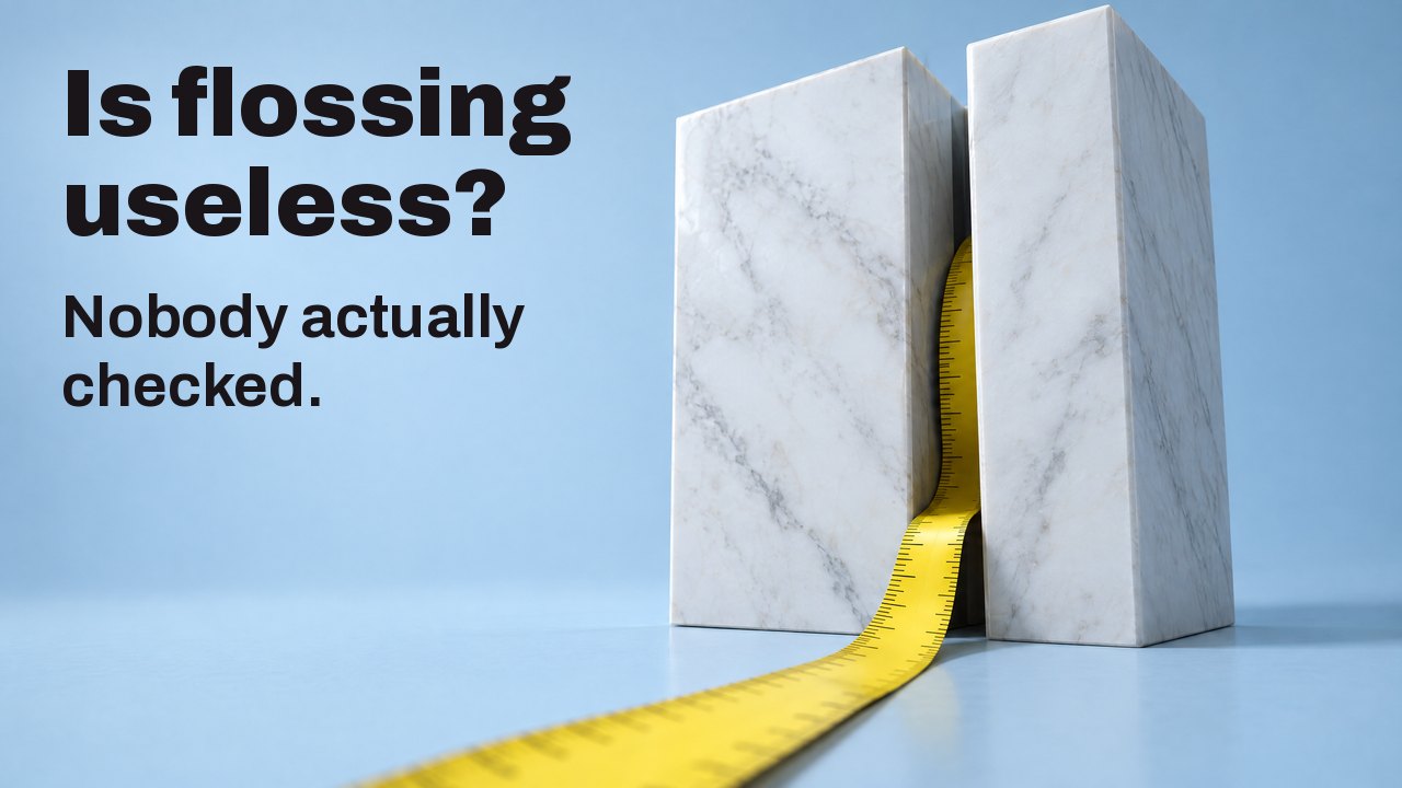 Is flossing useless? Nobody actually checked. A yellow measuring tape curling out of a narrow gap between two white marble blocks, against pale blue.