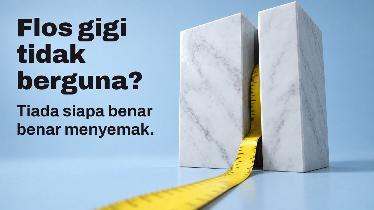Flos gigi tidak berguna? Tiada siapa benar benar menyemak. Pita pengukur kuning melingkar keluar dari celah sempit antara dua blok marmar putih, berlatarkan biru pucat.