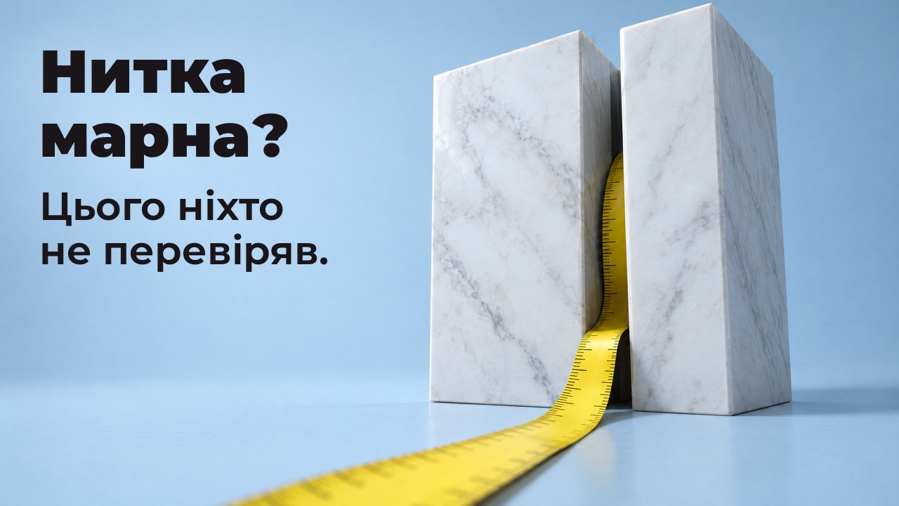 Нитка марна? Цього ніхто не перевіряв. Жовта рулетка виповзає з вузької щілини між двома білими мармуровими блоками, на блідо блакитному тлі.