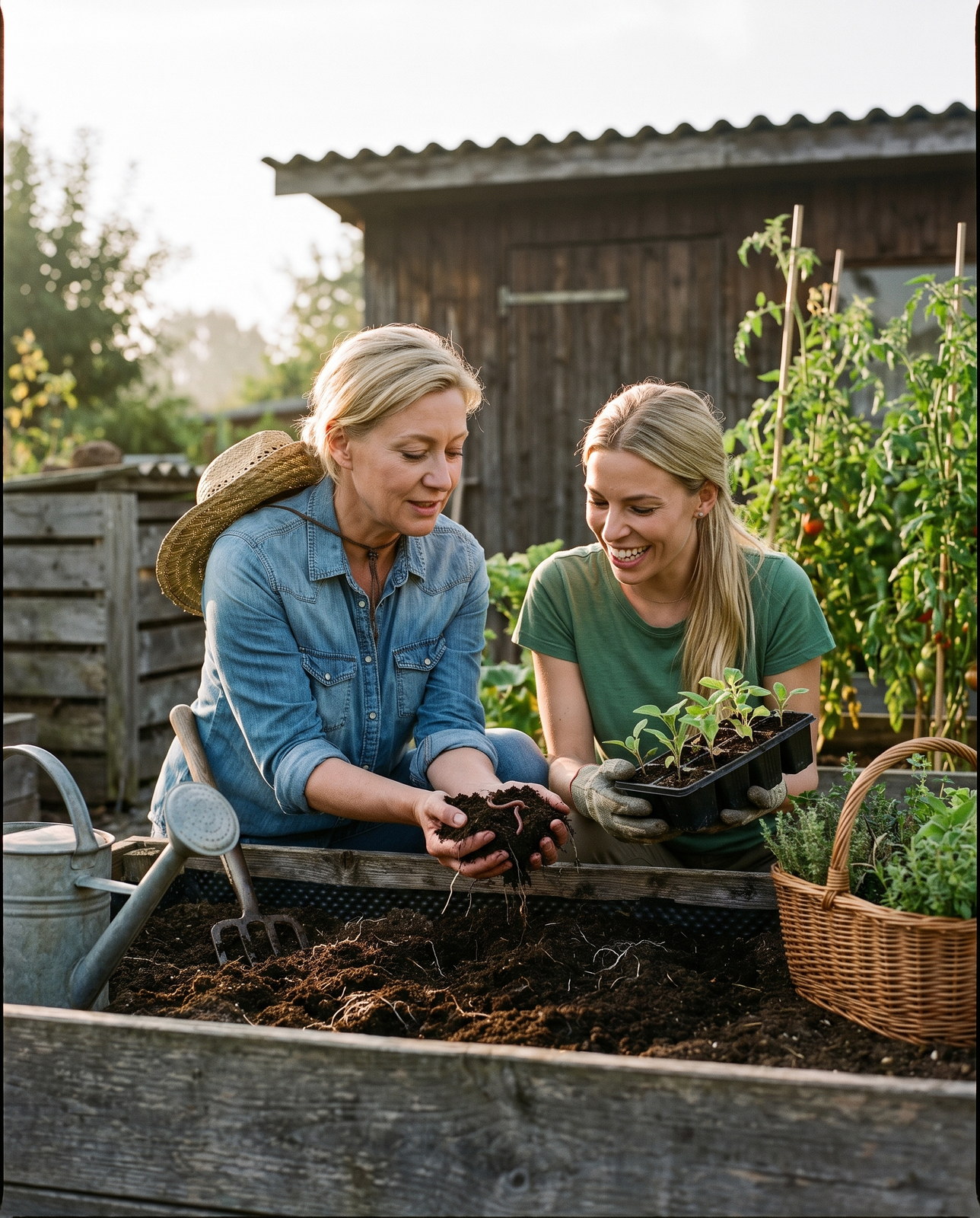 Fluoride-free toothpaste minerals — two women at a raised garden bed lift a handful of living compost soil with roots and an earthworm beside a tray of seedlings