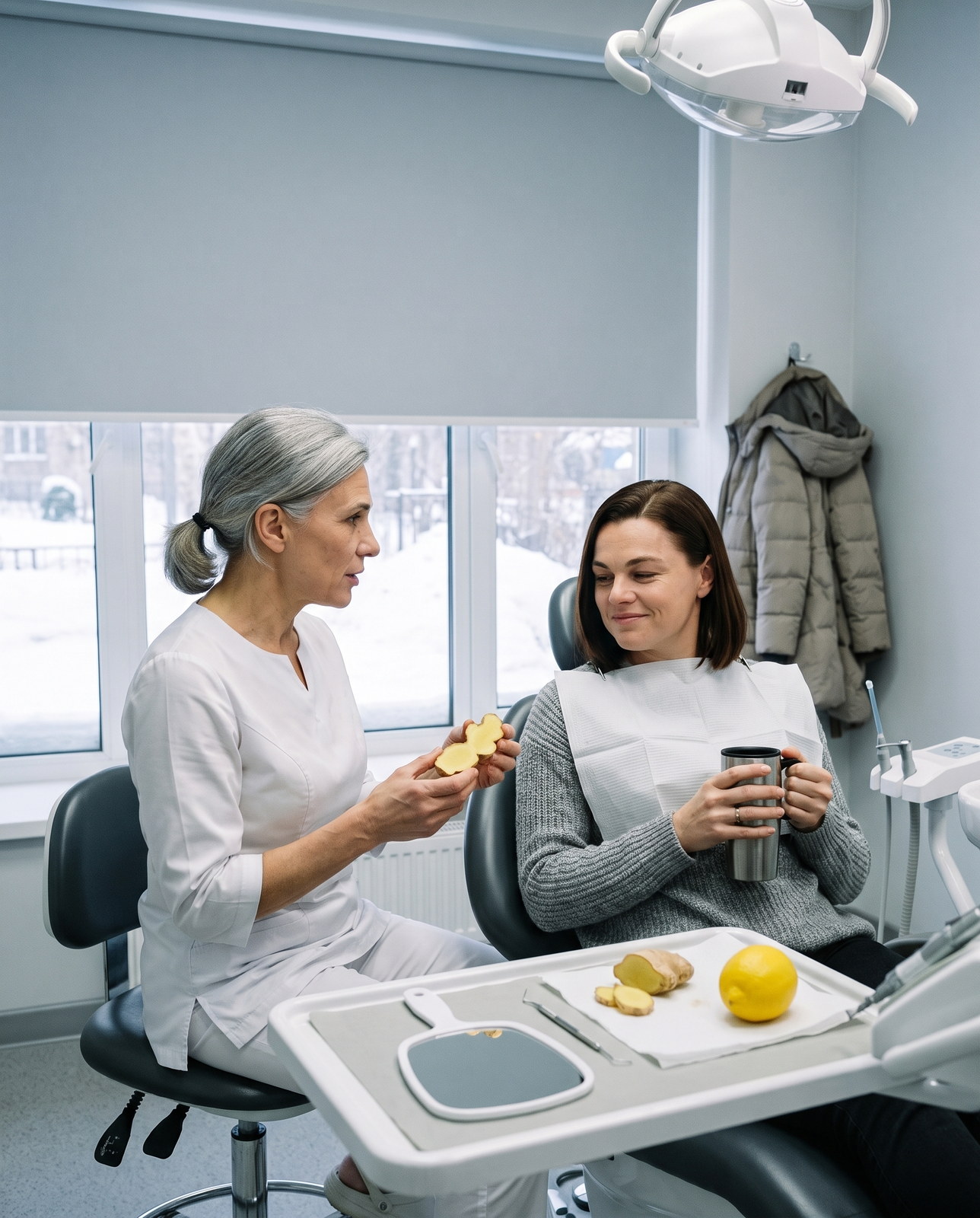 Ginger for teeth and gums — a dentist holds a cut ginger root while her patient in the chair listens with a thermos of ginger tea, snow outside the window