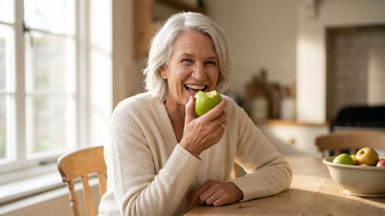At a wooden kitchen table by a bright window, a silver-haired woman in a cream cardigan laughs as she bites into a green apple, a bowl of apples beside her.