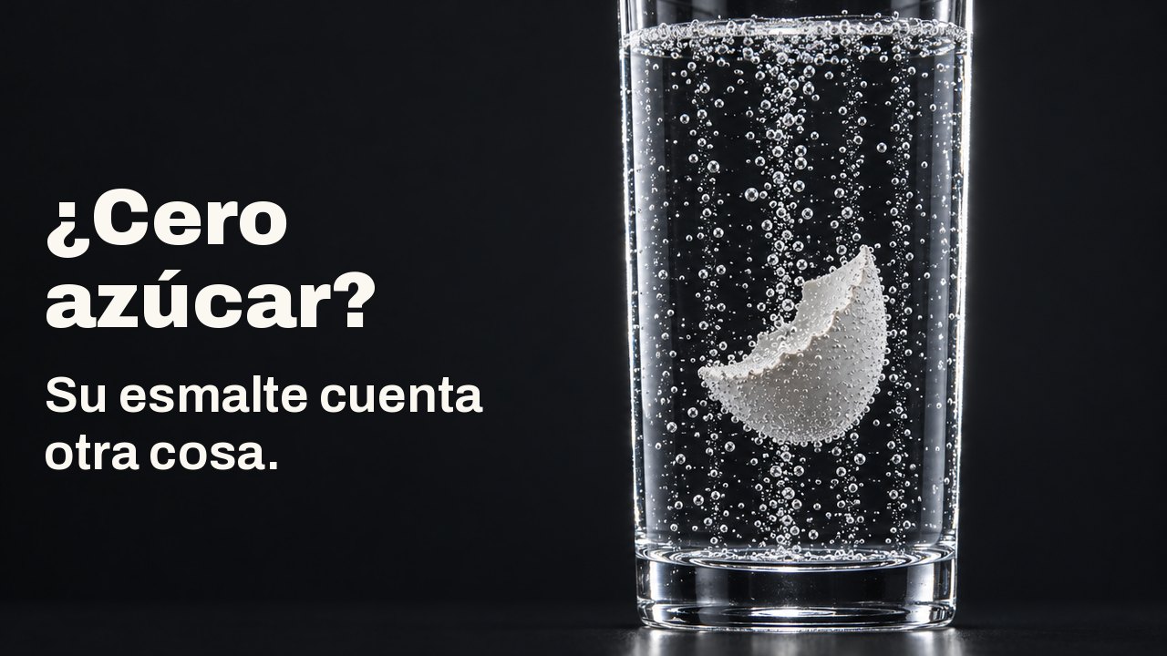 ¿Cero azúcar? Su esmalte cuenta otra cosa. Un fragmento blanco de cáscara de huevo suspendido en un vaso alto de refresco transparente y burbujeante, con hileras de burbujas que suben a su lado sobre un fondo azul cobalto profundo.