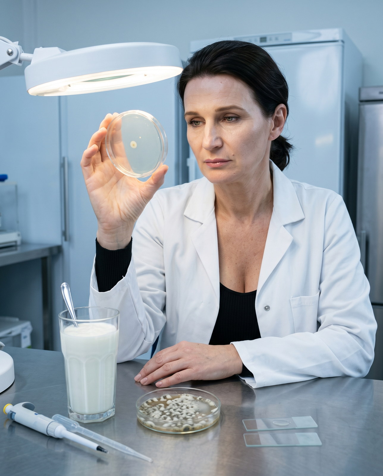 Live versus dead probiotics in toothpaste — an analyst under a bench lamp studies an almost empty petri dish beside a glass of kefir and a crowded dish