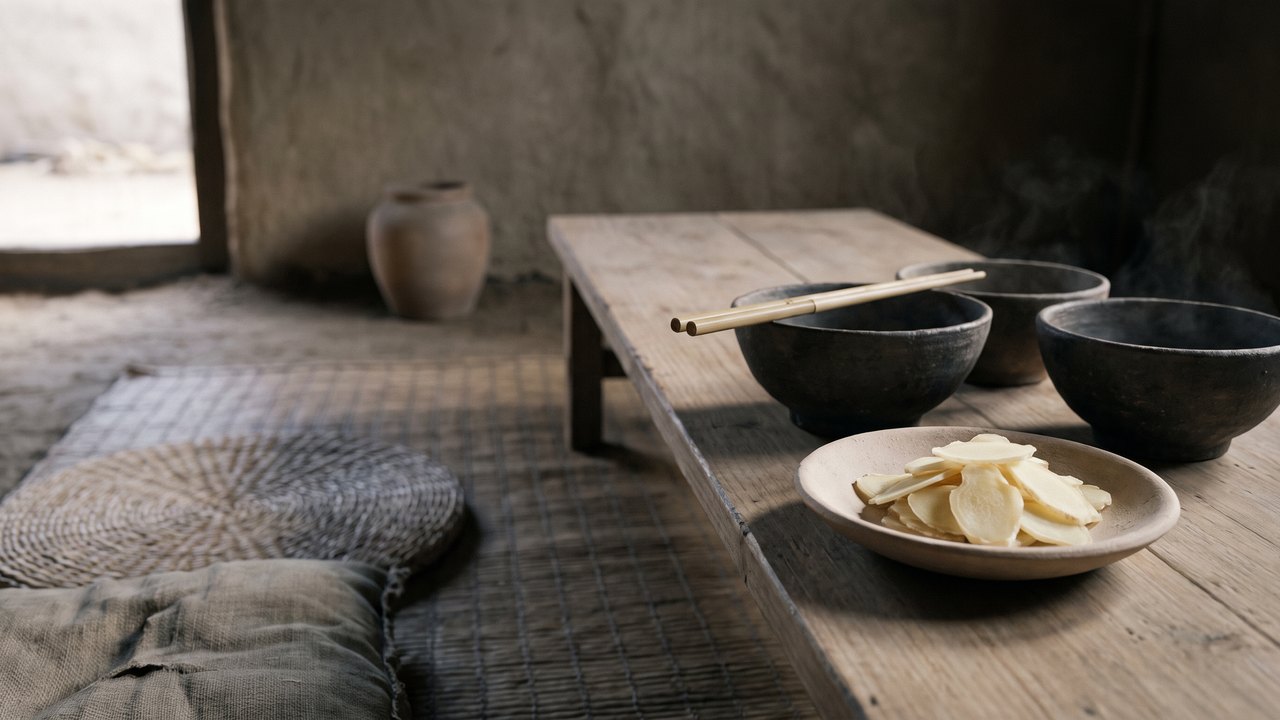 How to stop bleeding gums — a cleared low table in the state of Lu around 500&nbsp;BC, the empty pottery bowls pushed aside with the chopsticks across one rim, and one shallow dish of thin-sliced fresh ginger left standing where it stood all through the meal