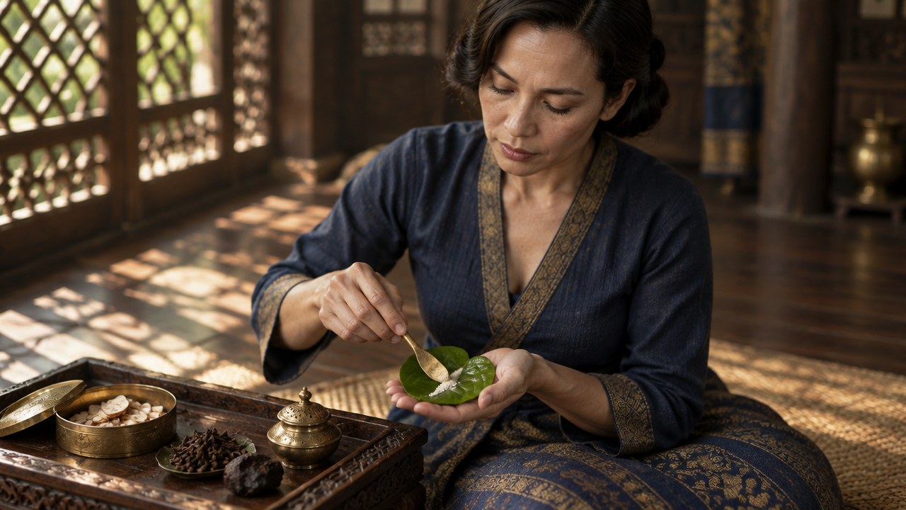 Uma mulher da corte de Malaca, na década de 1440, ajoelhada sobre uma esteira, espalha com uma espátula de latão uma faixa de cal apagada sobre uma folha de bétel em forma de coração apoiada na palma; ao lado, na bandeja entalhada, uma caixa de latão, fatias de areca e botões secos de cravo