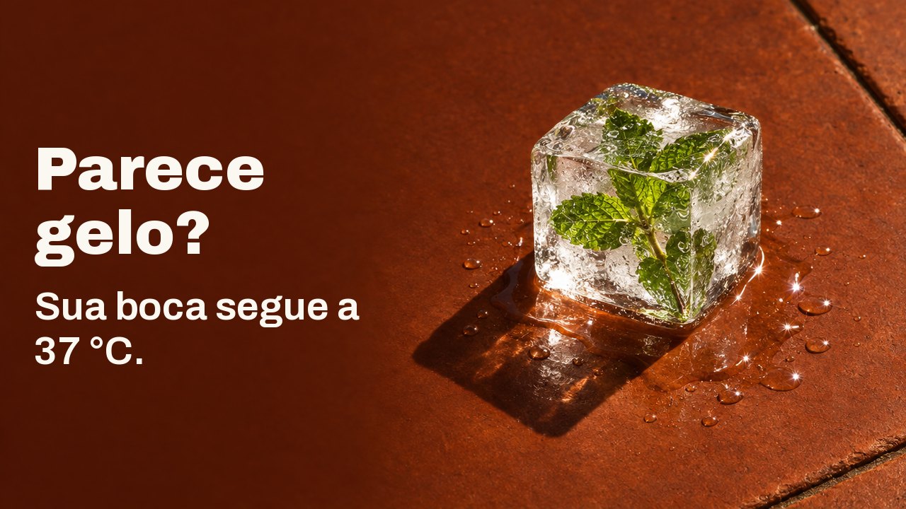 Parece gelo? Sua boca segue a 37 °C. Um único cubo de gelo transparente com um raminho de hortelã congelado dentro, derretendo sobre uma lajota de terracota aquecida pelo sol, na luz dura da tarde.