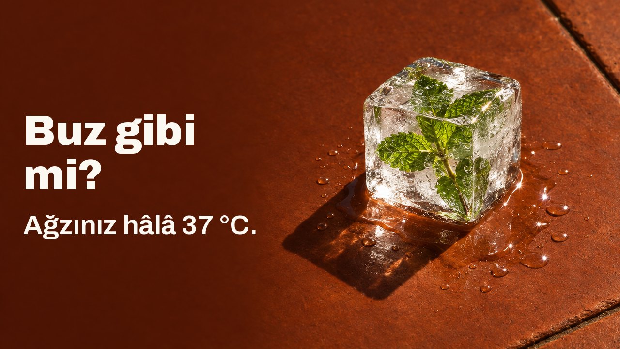 Buz gibi mi? Ağzınız hâlâ 37 °C. İçinde donmuş bir nane dalı olan tek bir berrak buz küpü, sert öğleden sonra ışığında güneşte ısınmış bir terakota karonun üzerinde eriyor.
