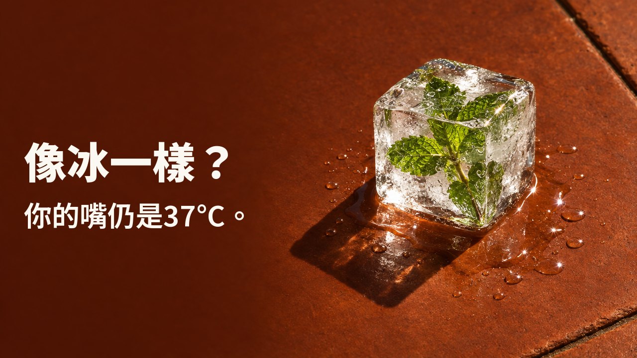像冰一樣? 你的嘴仍是37°C。 一塊透明冰塊裡凍著一小枝薄荷,在午後強烈陽光曬熱的赤陶磚上慢慢融化。
