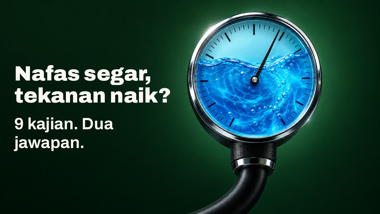 Nafas segar, tekanan naik? 9 kajian. Dua jawapan. Tolok tekanan darah bulat yang dail kacanya dipenuhi mouthwash biru berpusar, jarumnya condong ke arah tinggi, berlatarkan hijau hutan yang pekat.