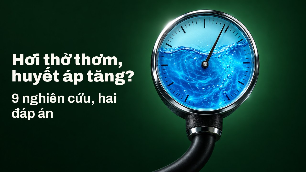 Hơi thở thơm, huyết áp tăng? 9 nghiên cứu, hai đáp án Một chiếc đồng hồ đo huyết áp tròn có mặt kính chứa đầy nước súc miệng xanh lam xoáy tròn, kim nghiêng về phía cao, trên nền xanh lục rừng thẫm.