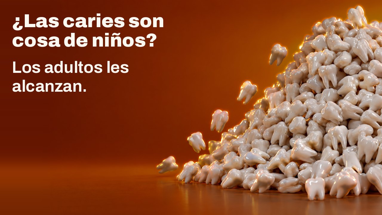 ¿Las caries son cosa de niños? Los adultos les alcanzan. Un montón creciente de cientos de figuritas de dientes blancos, algunas rodando, sobre naranja cálido de atardecer.