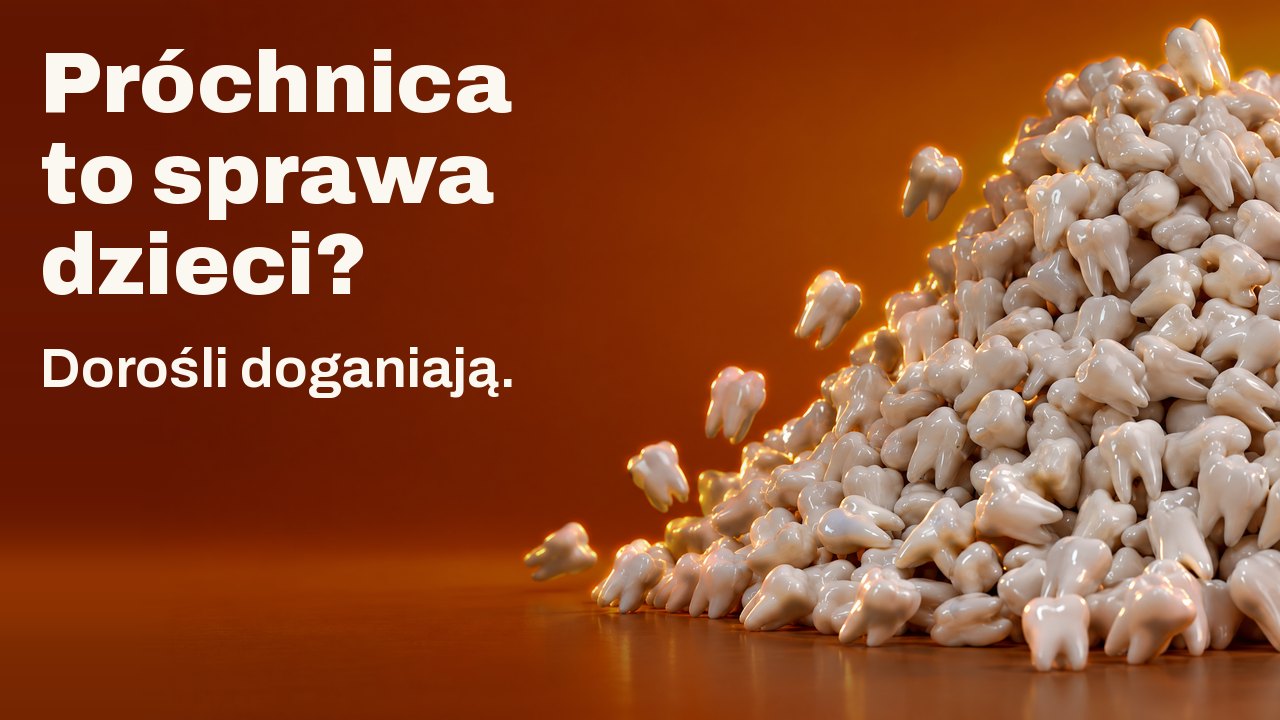 Próchnica to sprawa dzieci? Dorośli doganiają. Rosnący stos setek białych figurek zębów, kilka stacza się w dół, na ciepłym pomarańczowym tle.