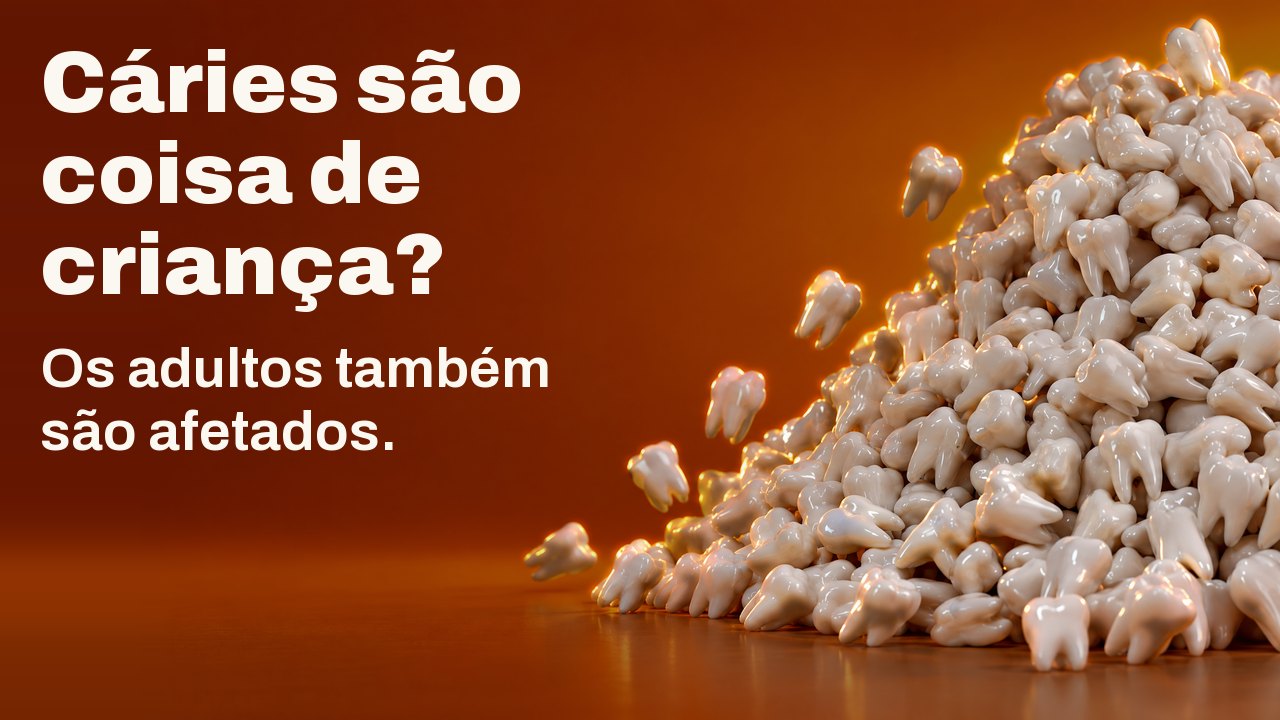 Cáries são coisa de criança? Os adultos alcançam nos. Um monte crescente de centenas de figuras de dentes brancos, algumas a rolar, sobre laranja quente de pôr do sol.