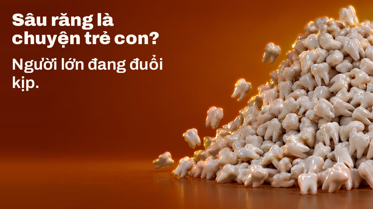Sâu răng là chuyện trẻ con? Người lớn đang đuổi kịp. Một đống ngày càng lớn gồm hàng trăm tượng răng trắng, vài chiếc lăn xuống, trên nền cam hoàng hôn.