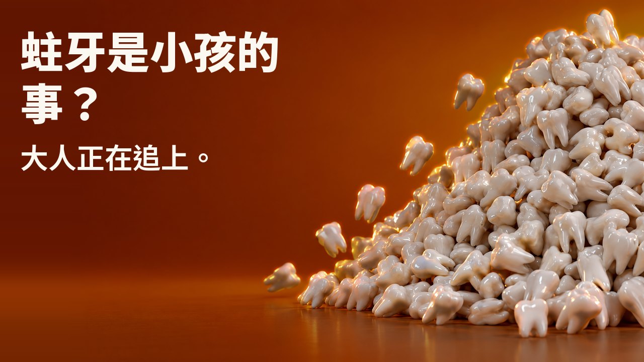 蛀牙是小孩的事? 大人正在追上。 數百顆白色牙齒模型越堆越高,有幾顆滾落,背景是溫暖的夕陽橙。