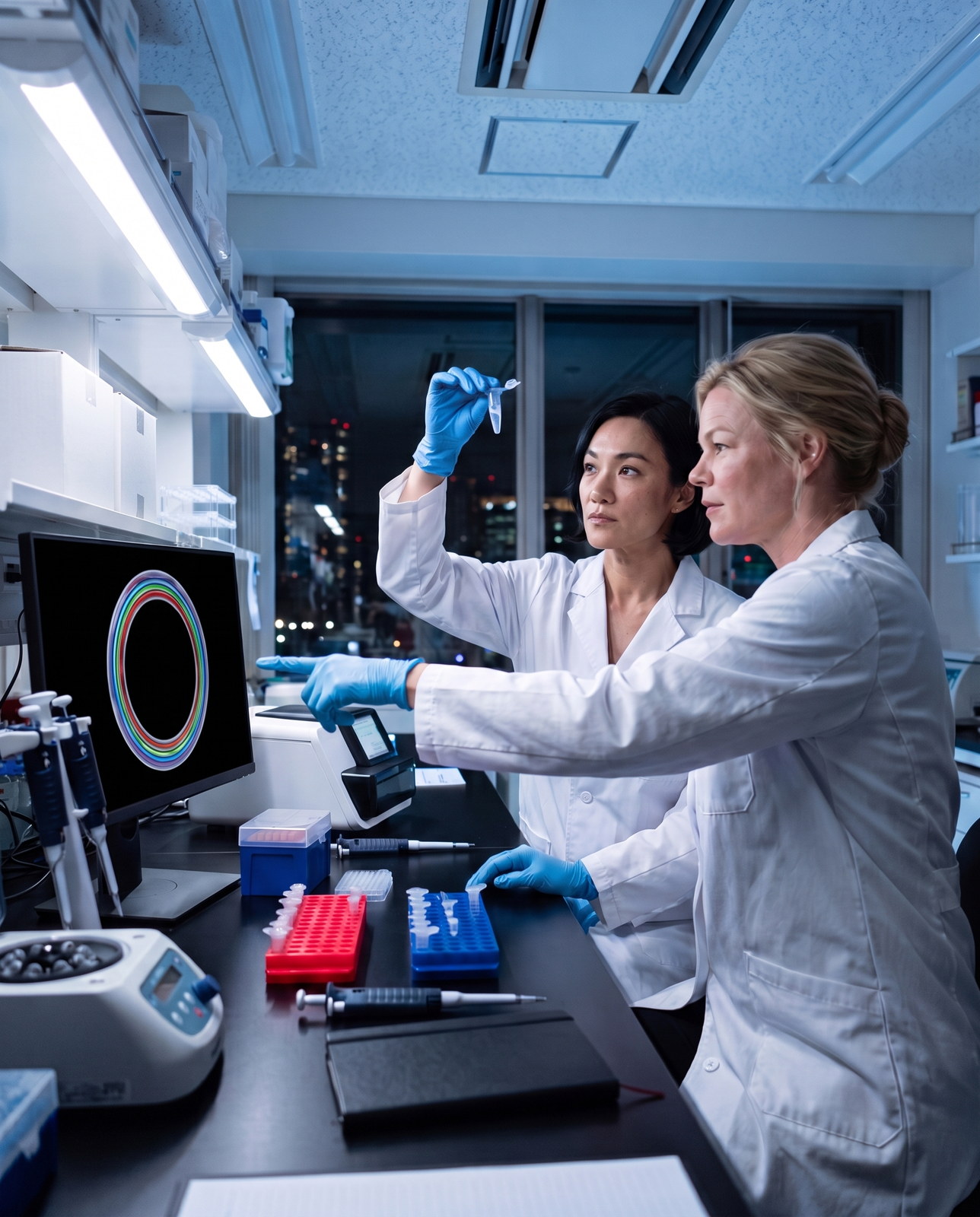 Oral microbiome DNA research — two researchers in a Tokyo genomics lab at night examine a saliva tube beside a screen showing a circular genome map