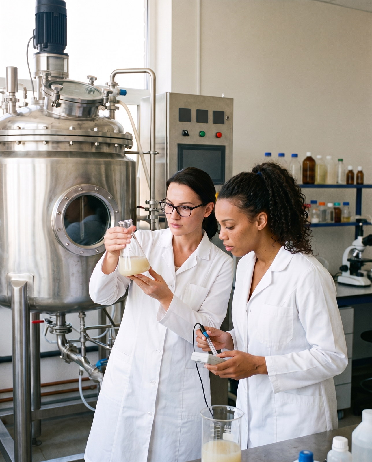 Oral probiotics for teeth and gums — two scientists at a stainless steel bioreactor hold a flask of cloudy culture broth up to the light