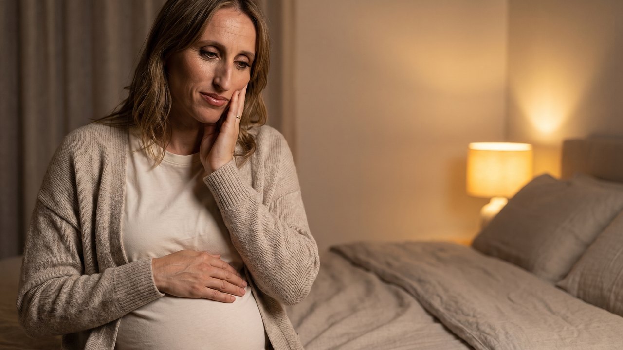 Late evening in a warm bedroom: a pregnant woman with shoulder-length wavy hair, in an oatmeal knit cardigan over a cream top, sits on the edge of a bed; one hand rests on her belly, the fingertips of the other press lightly against her cheek and jaw as if feeling a tooth; a bedside lamp glows softly behind her.
