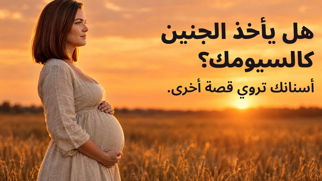 هل يأخذ الجنين كالسيومك؟ أسنانك تروي قصة أخرى. امرأة حامل من الجانب تحتضن بطنها في حقل قمح عند الغروب، والسماء البرتقالية تتوهج خلفها.