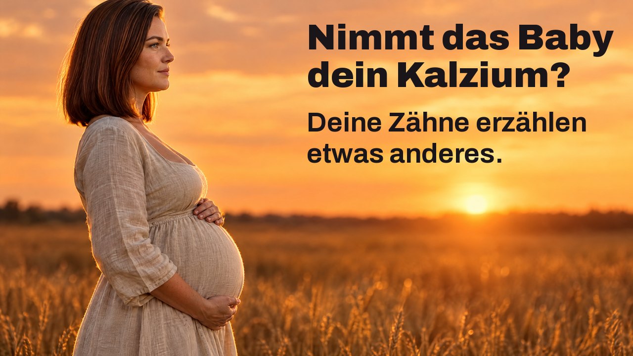 Nimmt das Baby dein Kalzium? Deine Zähne erzählen etwas anderes. Eine schwangere Frau im Profil hält ihren Bauch in einem Weizenfeld bei Sonnenuntergang, dahinter glüht der Himmel orange.