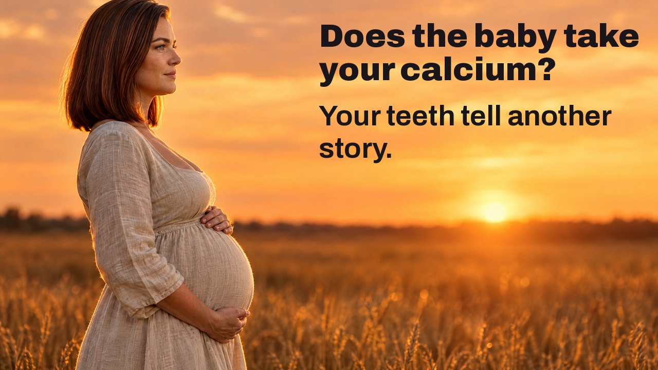 Does the baby take your calcium? Your teeth tell another story. A pregnant woman in profile cradles her belly in a wheat field at sunset, the sky glowing orange behind her.